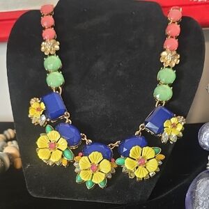 Floral Statement Necklace with Blue and Yellow Accents